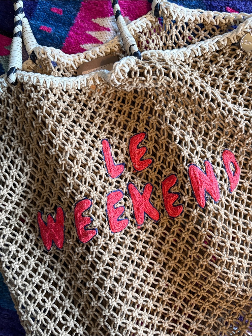 Le Weekend Straw Tote with Red Lettering - Picture 3 of 7